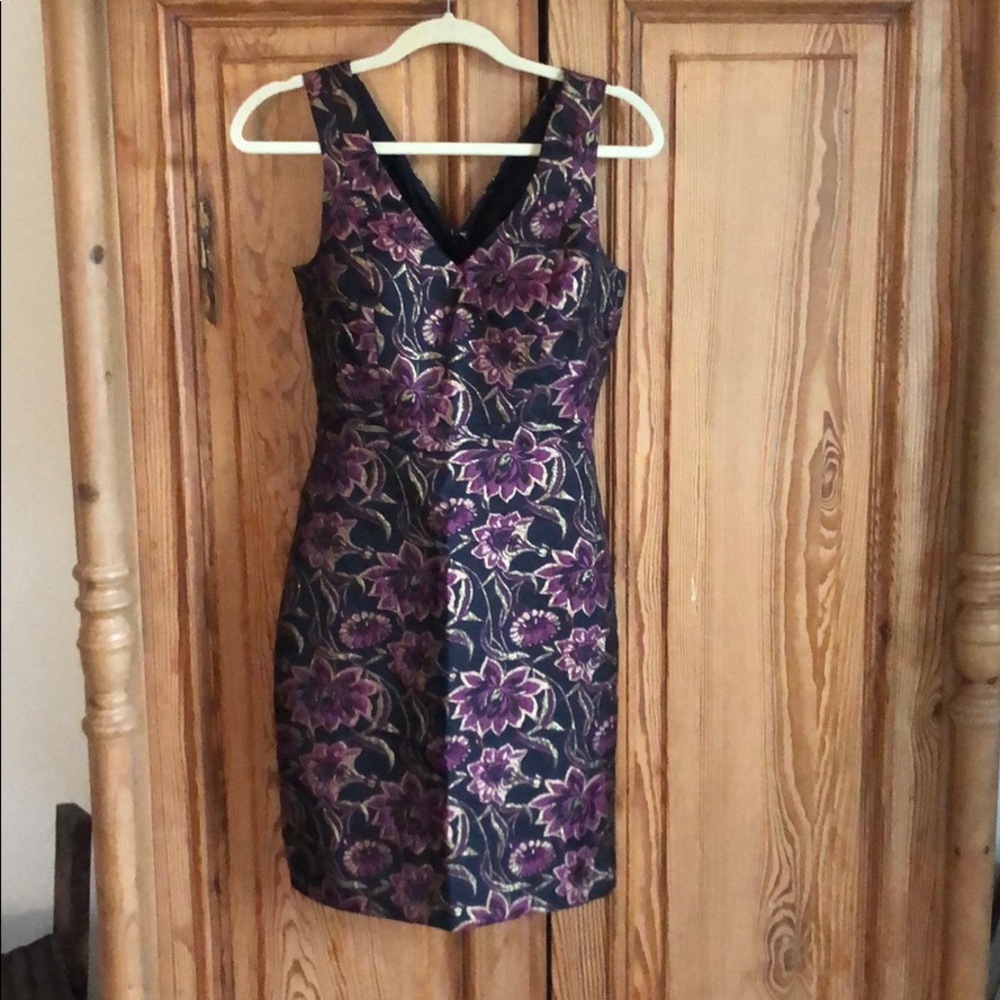 Jcrew jacquard purple, black and gold suit dress